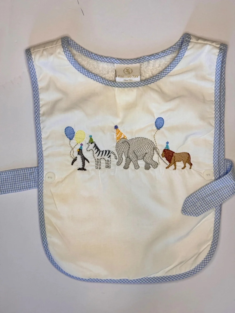 White Baby Bib with Blue Gingham Trim and Embroidered Safari Parade